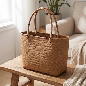 May include: A rectangular woven tote bag with two braided handles. The bag has a basket-weave pattern in a light brown colour. The bag is placed on a wooden bench.