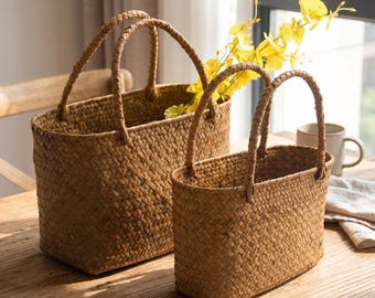 Boho Seagrass Tote, Handwoven Flower Holder, Rustic Storage Organizer