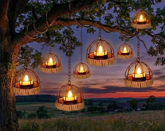 Hanging Solar Lanterns Outdoor 4 Pack, Flickering Tea Lights, Waterproof Rustic Garden Decor