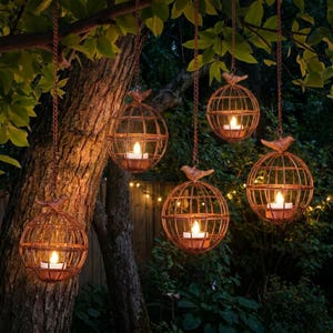 May include: Five hanging, spherical, copper-colored lanterns with lit candles inside. Each lantern is suspended by a chain and topped with a bird-shaped ornament. The lanterns are hanging from a tree, creating a warm, inviting ambiance.