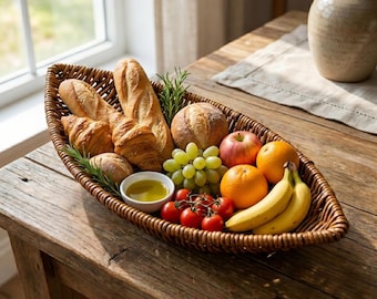Handwoven Rattan Serving Basket, Rustic Farmhouse Tabletop Organizer, Boho Tray