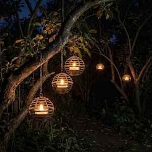 May include: A collection of spherical metal lanterns, each with a lit candle, suspended from tree branches in a forest at dusk. The lanterns are hanging by chains and cast a warm, inviting light. The surrounding trees and foliage are dark against the soft glow.