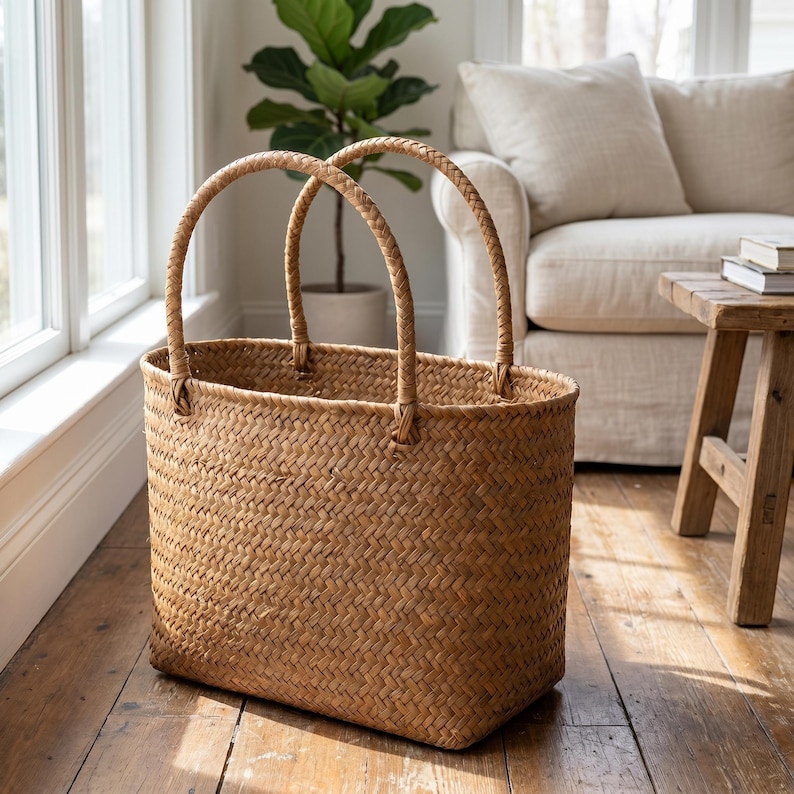 May include: A rectangular woven basket with two braided handles. The basket is made of light brown material and has a textured surface. The handles are arched and attached to the top of the basket.