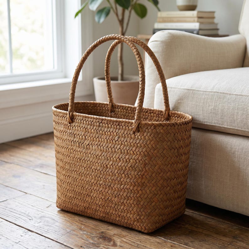 May include: A rectangular woven basket with two braided handles. The basket is made of a light brown material and has a textured surface. The basket is on a wooden floor.