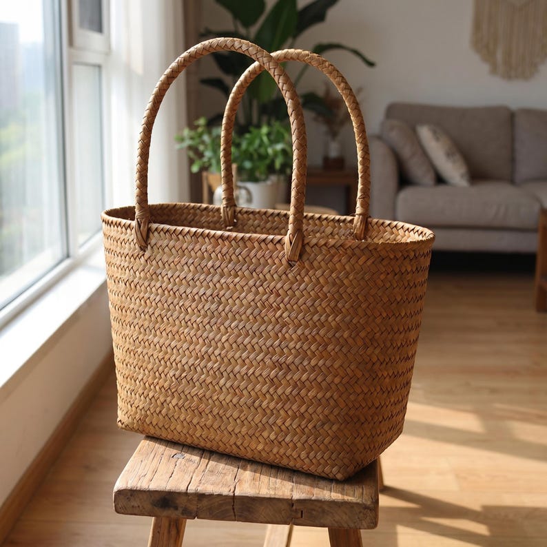 May include: A rectangular woven straw tote bag with two braided handles. The bag has a basket-weave pattern. The bag is on a small wooden stool. The bag is in front of a window.