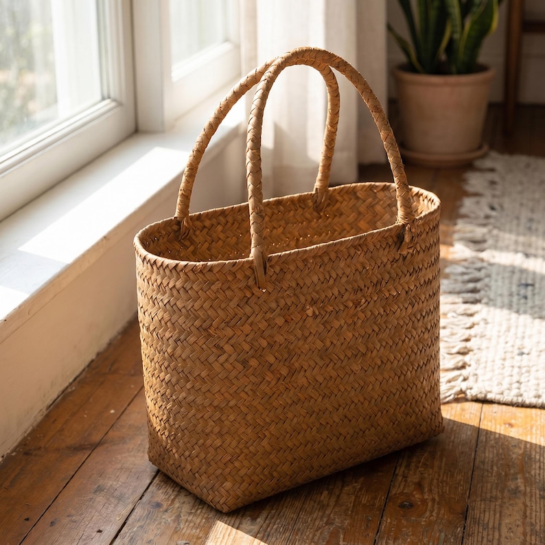 May include: A rectangular woven basket with two handles. The basket is made of natural-coloured woven material and sits on a wooden floor. The basket is empty and appears to be new.