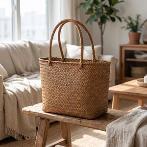 May include: A rectangular woven brown tote bag with two braided handles. The bag has a textured pattern and is placed on a wooden bench. The background features a sofa, window, and plants.