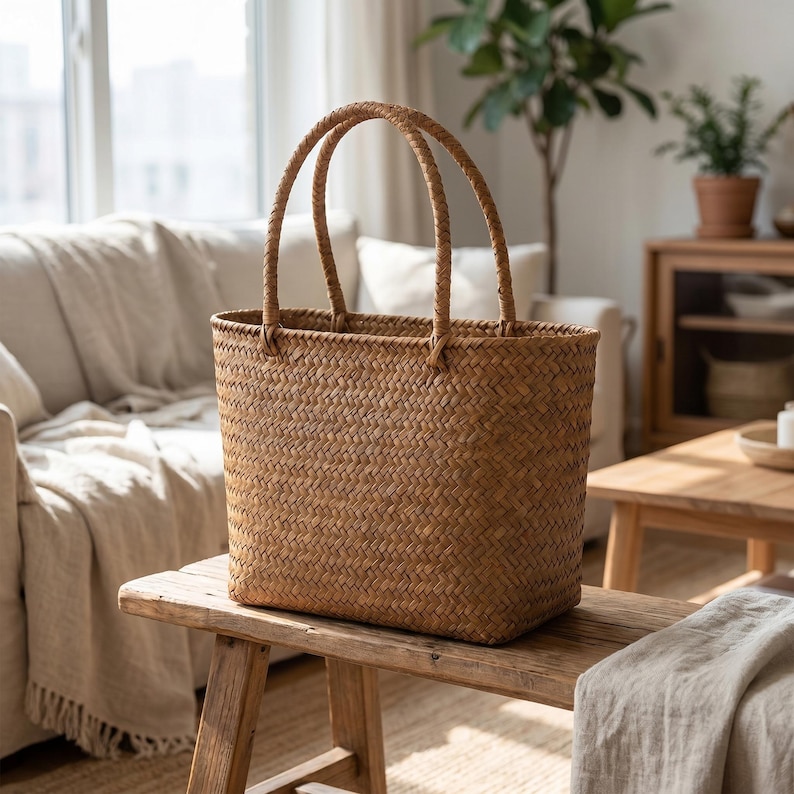 May include: A rectangular woven brown tote bag with two braided handles. The bag has a textured pattern and is placed on a wooden bench. The background features a sofa, window, and plants.