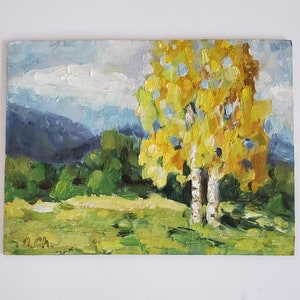 白樺の木々の秋の風景油絵 8 x 6インチ オリジナルアート インパスト絵画 山の風景 風景