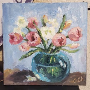 Tulipany Kwiatowy Olejny Obraz 7 na 7'' Oryginalna Sztuka Impasto Kwiaty Pół Abstrakcyjny Obraz