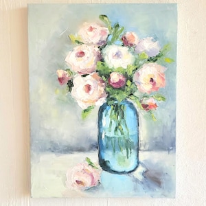 Peonías. Pintura al óleo floral de 30 x 38 cm. Arte original, flores empastadas, pintura semiabstracta.