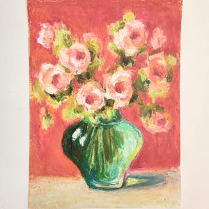 Croquis technique mixte. Composition florale rouge. 6 x 8 po. Dessin sur papier Art original Fleurs Peinture semi-abstraite