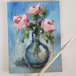 Abstrakcyjne kwiaty, kwiatowy obraz olejny 5 na 7'' Oryginalna sztuka Impasto Flowers Semi Abstract Painting