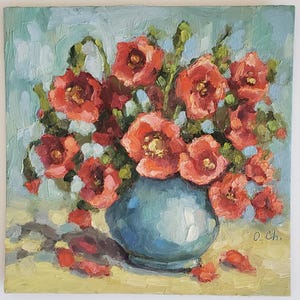 Coquelicots rouges, bouquet dans un vase bleu, peinture à l'huile florale 8 x 8 pouces, peinture semi-abstraite originale de fleurs d'empâtement