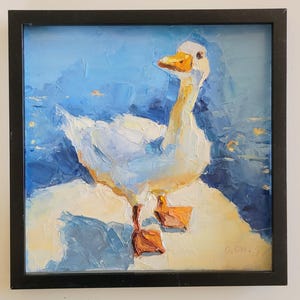 Pintura al óleo original de ganso blanco de 8 x 8 pulgadas