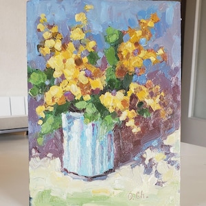 Umore primaverile. Mimosa Floral Oil Painting 6 x 8'' Arte originale Impasto Flowers Semi Abstract painting