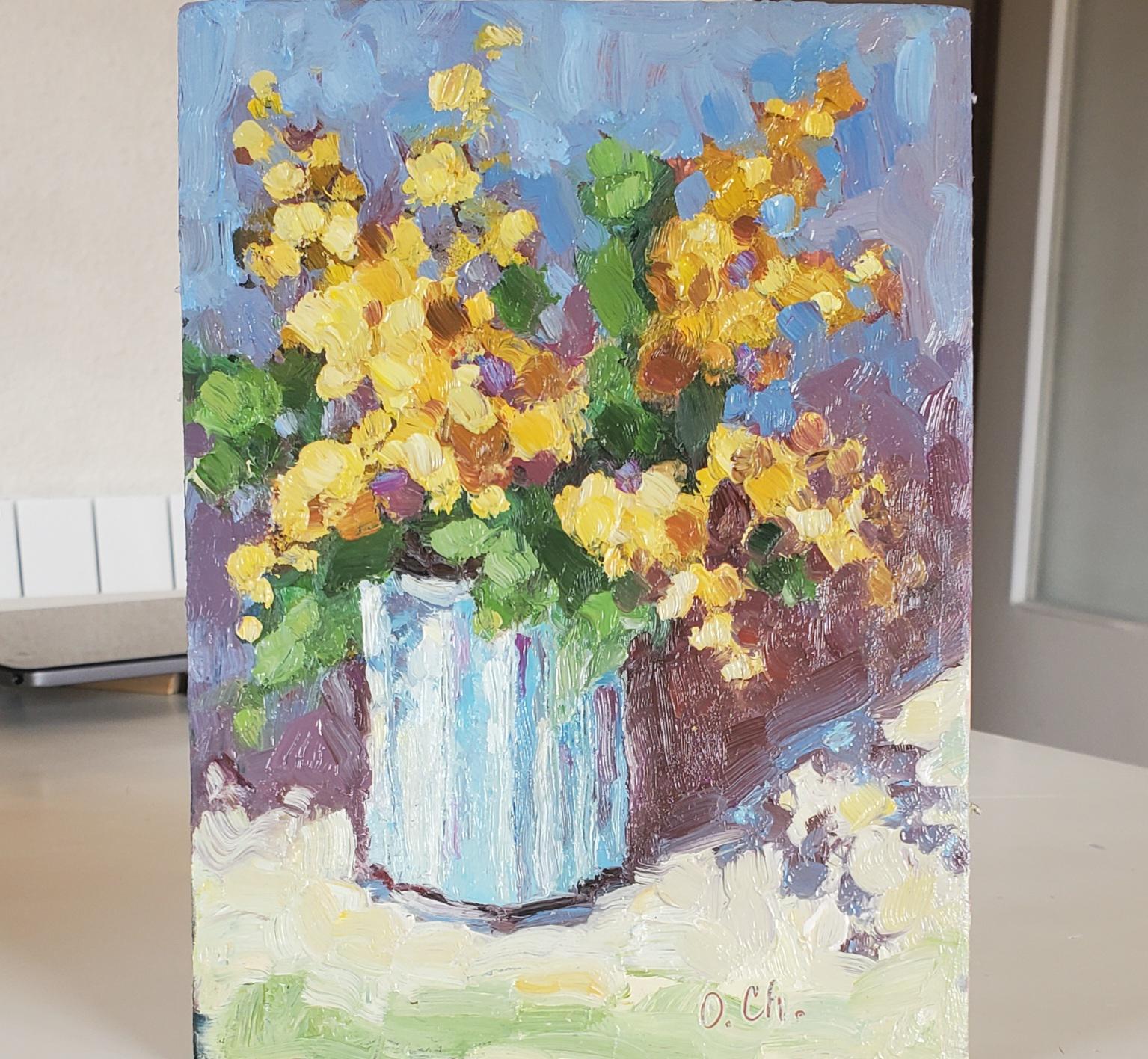 Spring mood. Mimosa Floral Oil Painting 6 by 8'' Original Art  Impasto Flowers Semi Abstract painting
