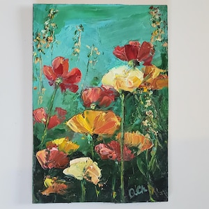 Dzikie kwiaty, kwiaty, olejny obraz 5 na 7' Oryginalna sztuka, kwiaty, impasto, półabstrakcyjny obraz