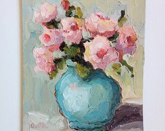 Rose Peonies in Blue Vase. Floral Oil Painting 6 by 8&#39;&#39; Original Art  Impasto Flowers Semi Abstract painting