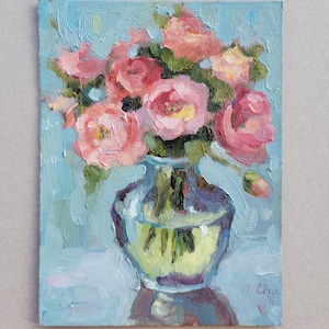 Peônias. Pintura a óleo floral 6 por 8'', arte original, flores empastadas, pintura semi-abstrata