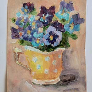 Croquis acrylique. Ambiance estivale. Pensies en coupe. 6 x 8 po. Peinture acrylique florale sur papier Art original Fleurs Peinture semi-abstraite