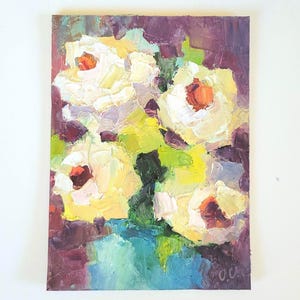 Abstrakcyjne kwiaty, kwiatowy obraz olejny 5 na 7'' Oryginalna sztuka Impasto Flowers Semi Abstract Painting