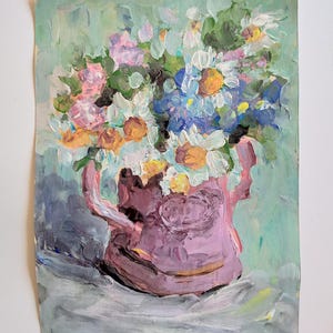 Croquis acrylique. Ambiance estivale. Fleurs d'été dans un vase. 6 x 8 po. Peinture acrylique florale sur papier, peinture semi-abstraite originale de fleurs