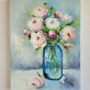 Peonie. Dipinto a olio floreale 12 x 15'', opera d'arte originale, fiori in impasto, dipinto semi-astratto.