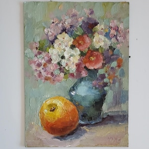 Flores de manzana y hortensia en jarrón azul Naturaleza muerta floral Pintura al óleo 6 por 8' Arte original Impasto Flores Pintura de estilo impresionista