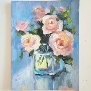 Rosas. Pintura a óleo floral 6 por 8'' Arte original empastada flores pintura semi-abstrata