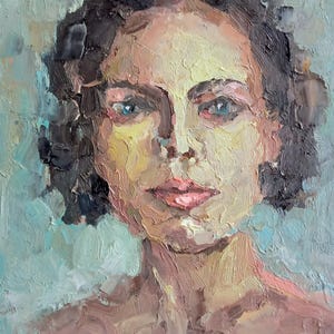 Retrato semiabstracto de mujer, pintura al óleo, rostro de mujer, obra de arte, retrato, arte original, retrato de mujer, 8 por 8''