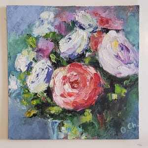 Róże Kwiatowy Olejny Obraz 7 na 7'' Oryginalna Sztuka Impasto Kwiaty Pół Abstrakcyjny Obraz