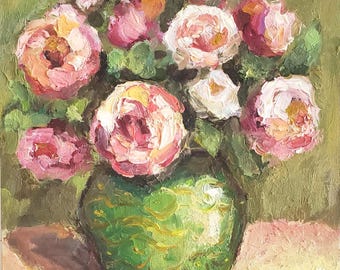 Roses Floral Oil Painting 7 by 7&#39;&#39; Original Art  Impasto Flowers Semi Abstract painting