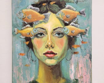 Ritratto di donna semi-astratto, opera d'arte moderna espressiva originale, surrealismo. Dipinto acrilico.