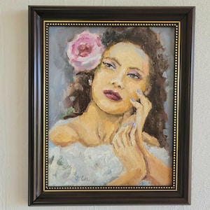 Retrato de mujer con rosa Pintura al óleo Rostro de mujer Obra de arte Retrato Arte original Retrato de mujer 8 por 10''