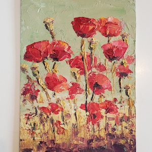 Papavero Fiori Dipinto a Olio Floreale 6 x 8'' Arte Originale Impasto Fiori Dipinto Semi Astratto