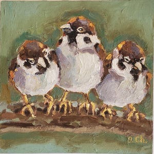 Sparrows bird Oil Painting Birds Animals ArtWork for animal Lovers Gift Card 7 by 7"