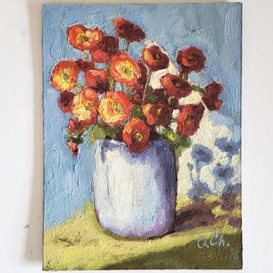Czerwone kwiaty w świetle. Kwiatowy obraz olejny 6 na 8'' Oryginalna sztuka Impasto Kwiaty Półabstrakcyjny obraz