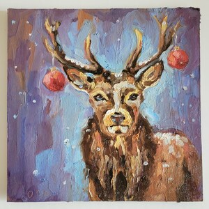Christmas Deer Oil Painting Portrait ArtWork for animal Lovers Gift Card 8 by 8"