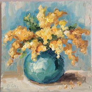 Umore primaverile Mimosa Floral Oil Painting 8 x 8'' Arte originale Impasto Flowers Pittura semi astratta