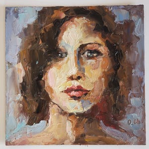 Retrato semiabstracto de mujer, pintura al óleo, rostro de mujer, obra de arte, retrato, arte original, retrato de mujer, 8 por 8''