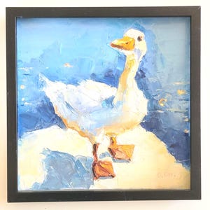 Witte gans dier schilderij 8 x 8'' olieverfschilderij origineel kunstwerk