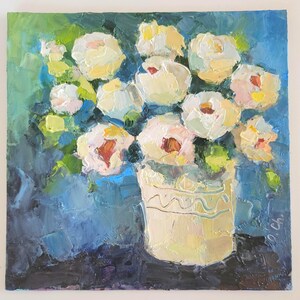 Pintura al óleo abstracta floral empaste, 20 x 20 cm, con peonías y tulipanes. Arte original.