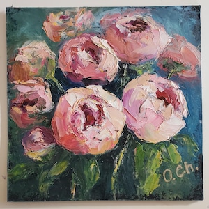 Peonies Floral Oil Painting 7 na 7'' Oryginalna sztuka Impasto Flowers Semi Abstract Painting