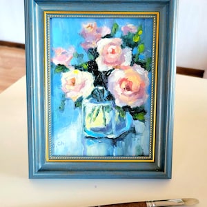 Rosas. Pintura a óleo floral 6 por 8'' Arte original empastada flores pintura semi-abstrata
