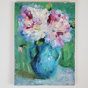 Peony Floral Oil Painting 5 na 7' Oryginalna sztuka Impasto Flowers Semi Abstract Painting