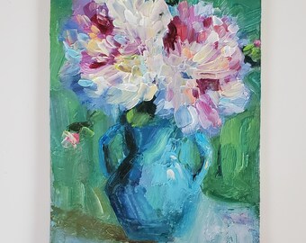 Peony Floral Oil Painting 5 by 7&#39; Original Art  Impasto Flowers Semi Abstract Painting