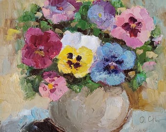 Pansies Floral Oil Painting 8 by 8&#39;&#39; Original Art  Impasto Flowers Semi Abstract painting