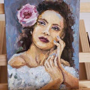 Retrato de mujer con rosa Pintura al óleo Rostro de mujer Obra de arte Retrato Arte original Retrato de mujer 8 por 10''
