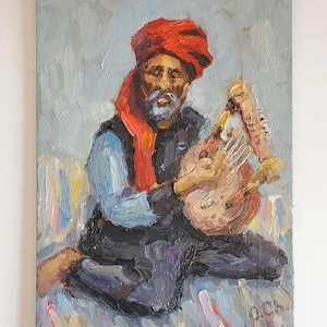 Músico oriental con turbante rojo. Pintura al óleo, pintura figurativa, rostro masculino, retrato, arte original, retrato masculino, 15 x 20 cm.